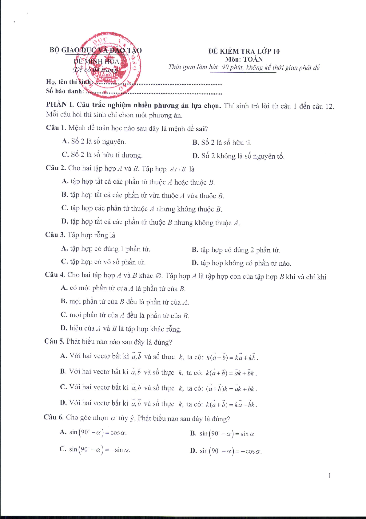 Đề minh họa môn Toán thi tốt nghiệp THPT 2025 (có đáp án) (trang 1)