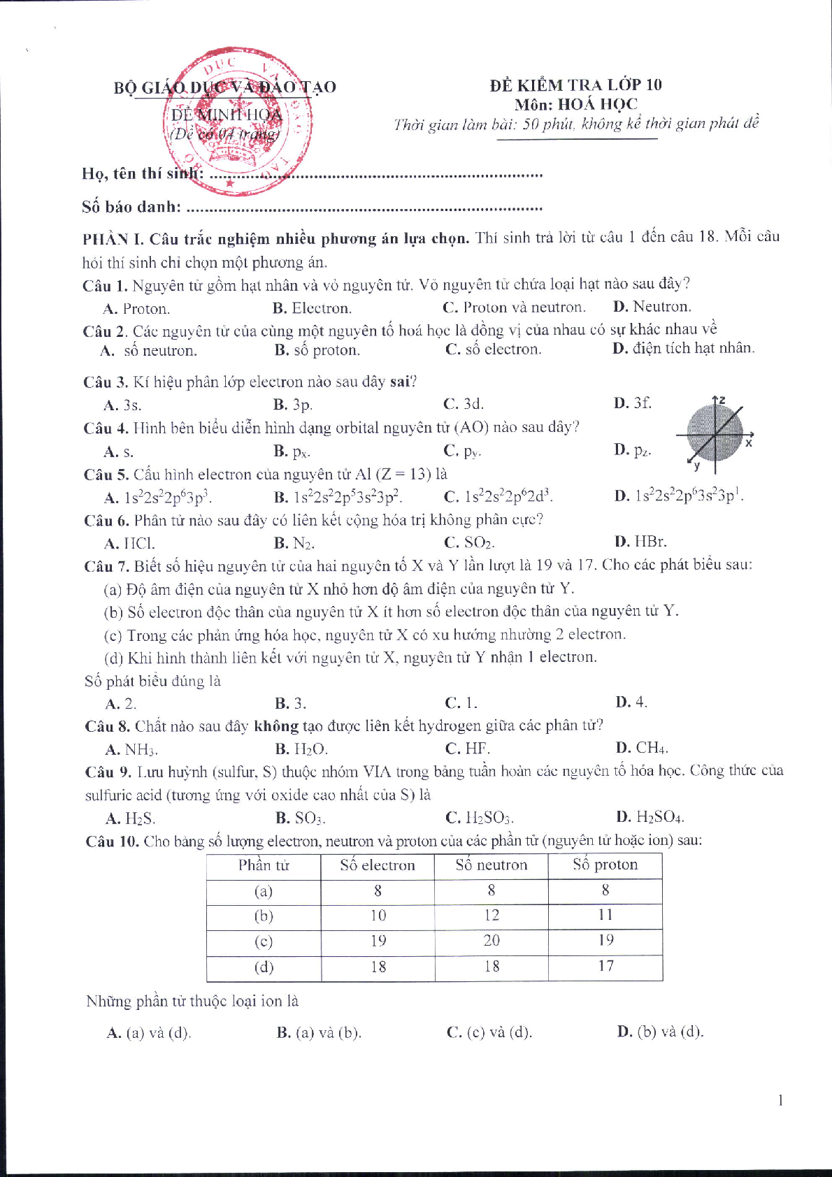 Đề minh họa môn Hóa học thi tốt nghiệp THPT 2025 (có đáp án) (trang 1)