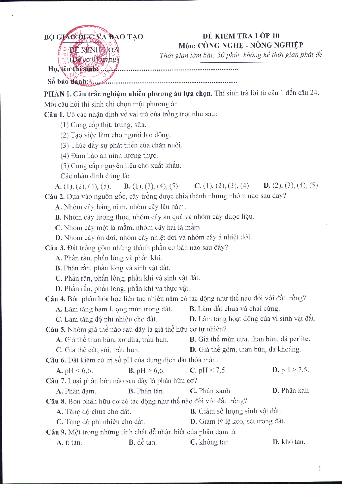 Đề minh họa môn Công nghệ - Nông nghiệp thi tốt nghiệp THPT 2025 (có đáp án) (trang 1)