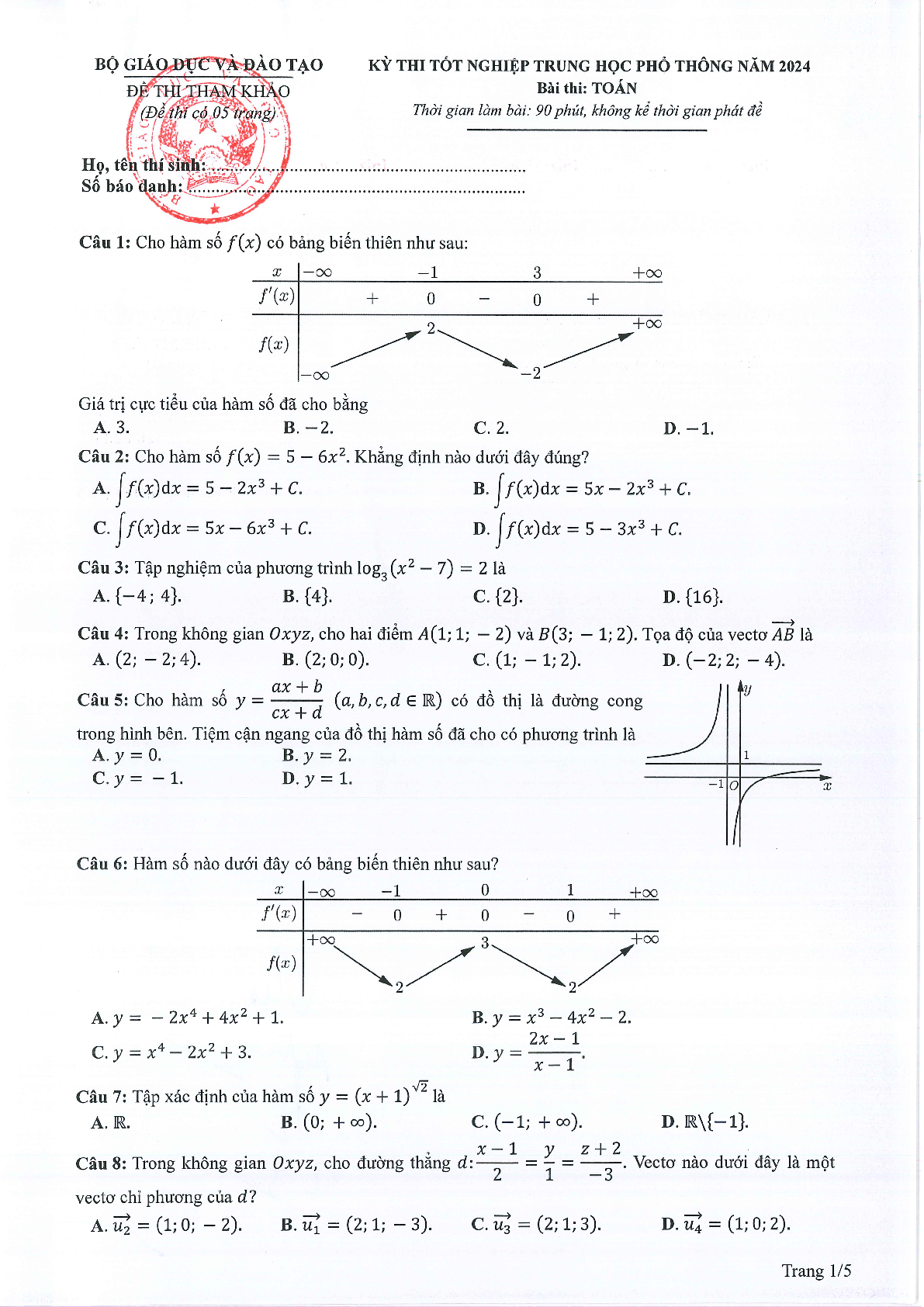 Đề minh họa môn Toán thi tốt nghiệp THPT 2024 (có đáp án) (trang 1)