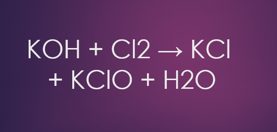 KOH + Cl2 → KCl + KClO + H2O | KOH ra KCl | KOH ra KClO | Cl2 ra KCl | Cl2 ra KClO