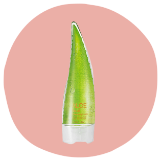 Holika Holika Aloe Facial Cleansing Foam in a bright green bottle the shape of an aloe leaf