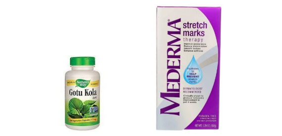 Nature’s Way Gotu Kola - 180 Viên nang / 475 mg ( đã được chứng nhận) (trái)  Mederma Stretch Marks Therapy 5.29 oz - chứa Cepalin (chiết xuất hành tây), Centella áiatica( rau má) và axit hyaluronic(phải),  nguồn ảnh  www.amazon.com                              